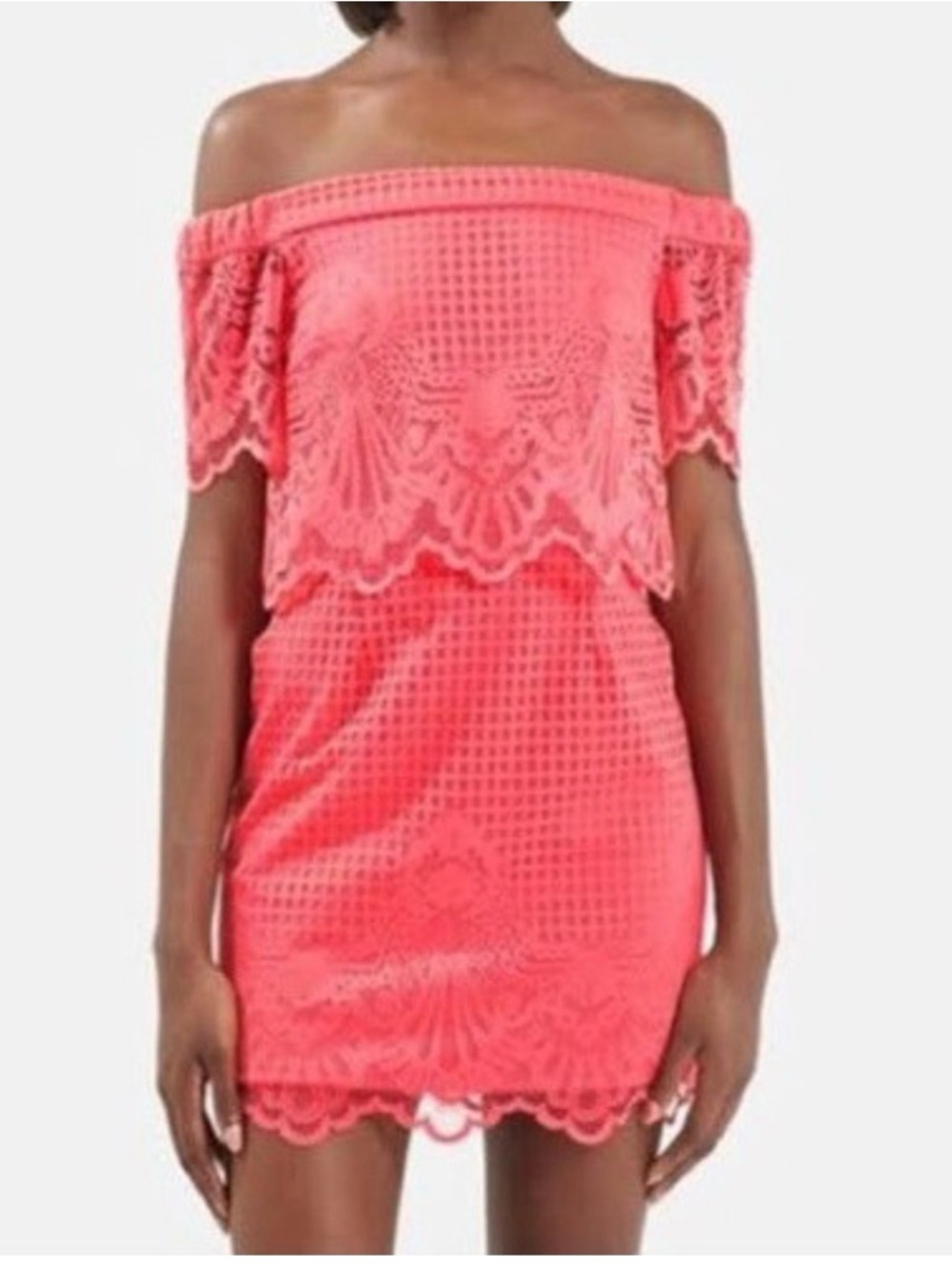 Topshop Coral Off-Shoulder Lace Mini Dress